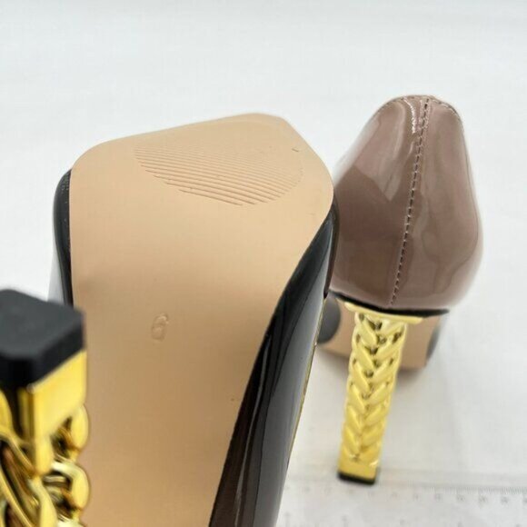 FSJ Nude Gold Metal Chain Chunky High Heel Pointed Toe Slip On Party  Pumps - Picture 6 of 8